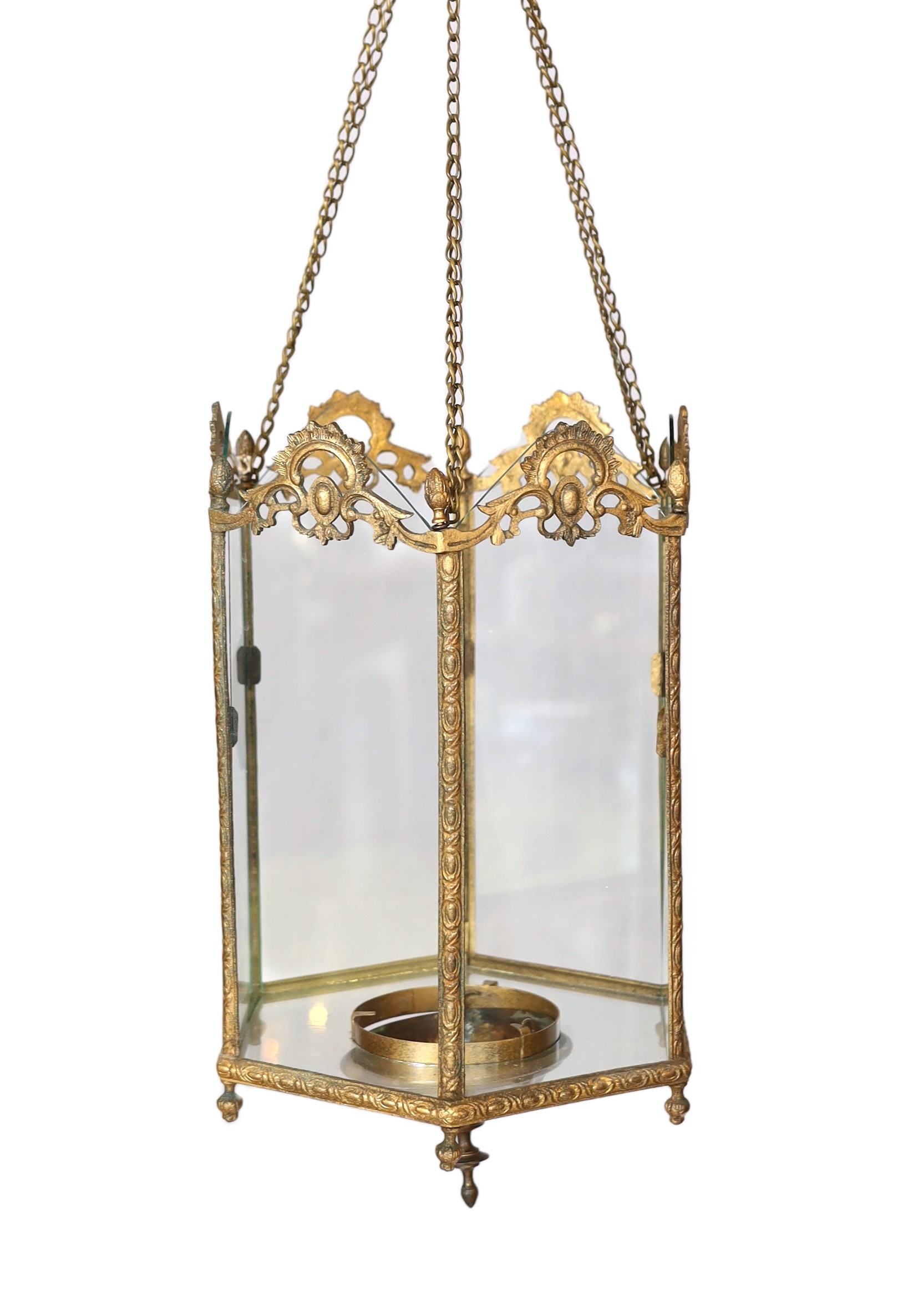 A mid 19th century English hexagonal brass hall lantern with scroll moulded frame, drop from rose 64cm. width 25cm
